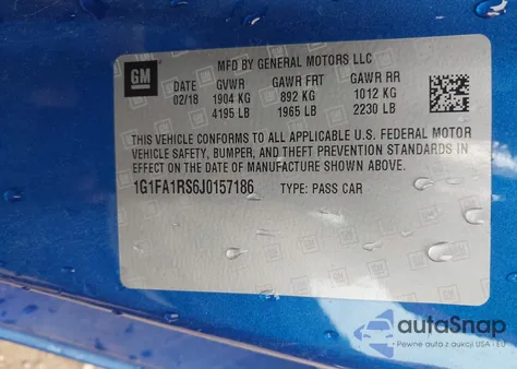 2018 Chevrolet Camaro 1Ls из США, поврежденный, VIN 1G1FA1RS6J0157186